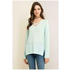 Mint Criss Cross Front Split Hem Sweater